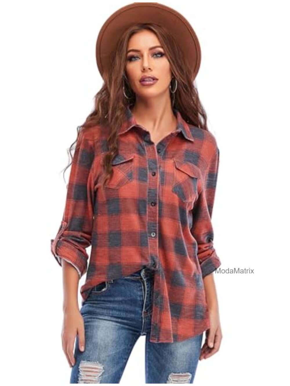Women's Cuffed Long Sleeve Button Down Plaid Flannel Shirt